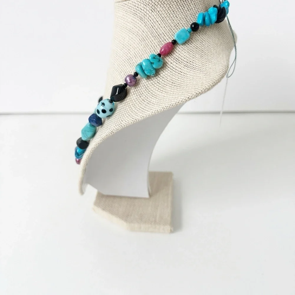 NWT Genuine Turquoise, Lapis, Black Onyx, Murano Glass & Pearls Necklace Blue